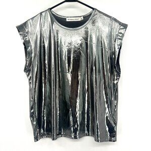 Rebecca Minkoff Metaliic Silver Short Sleeve Blouse Women's Large